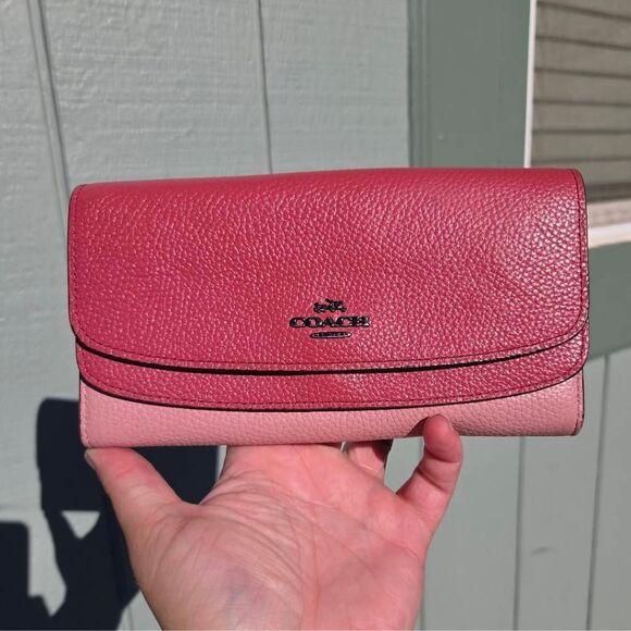 Coach Two Tone Pink Colorblock Leather Double Flap Snap Wallet F53858 - Picture 1 of 10